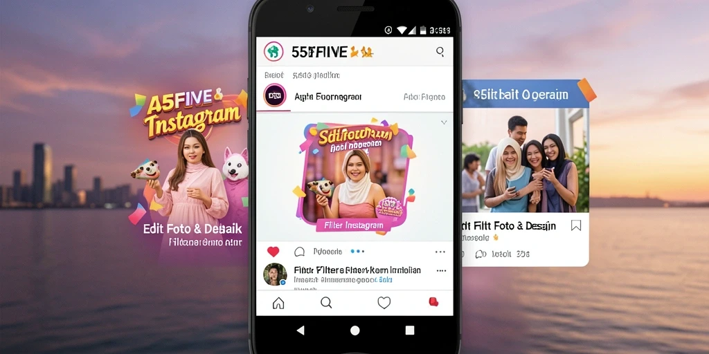 Antarmuka aplikasi 55FIVE dengan berbagai pilihan filter Instagram.