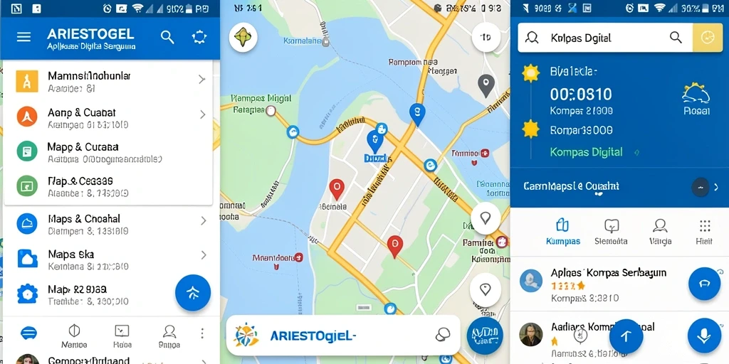 Antarmuka aplikasi ARIESTOGEL menampilkan kompas digital yang akurat dan fitur cuaca.