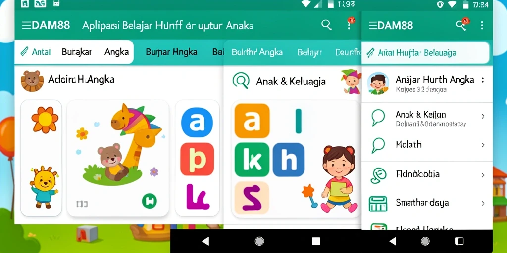 Antarmuka aplikasi DAM88 untuk belajar huruf dan angka yang interaktif.