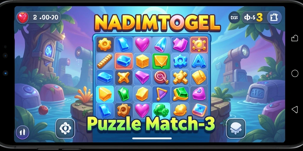 Tampilan antarmuka NADIMTOGEL yang menarik dengan elemen Puzzle Match-3.